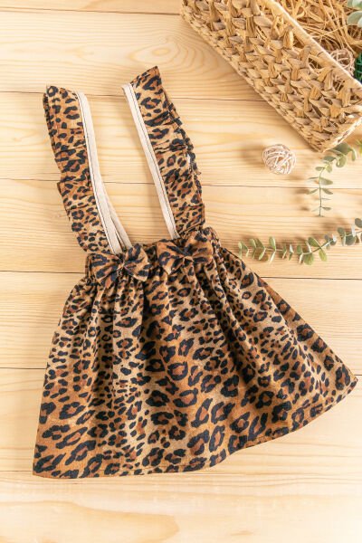 Leopar Desenli Kız Çocuk Salopet Elbise