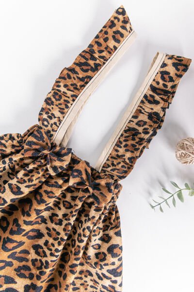Leopar Desenli Kız Çocuk Salopet Elbise