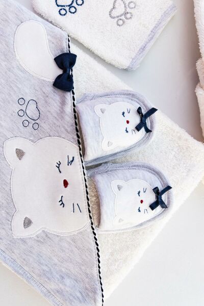 Kedi Figürlü Bebek Banyo Havlu Bornoz Seti