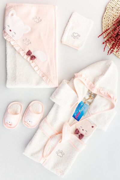 Kedi Figürlü Kız Bebek Banyo Havlu Bornoz Seti