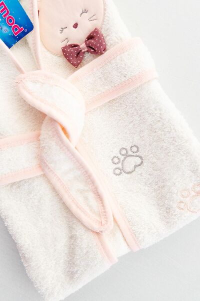 Kedi Figürlü Kız Bebek Banyo Havlu Bornoz Seti