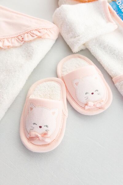 Kedi Figürlü Kız Bebek Banyo Havlu Bornoz Seti