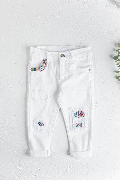 Çiçek Desenli Beyaz Kız Çocuk Denim Kot Pantolon