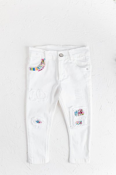 Çiçek Desenli Beyaz Kız Çocuk Denim Kot Pantolon
