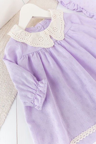 Güpür Yakalı Uzun Kollu Şapkalı Kız Bebek Elbise