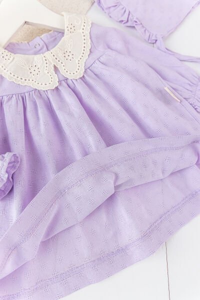 Güpür Yakalı Uzun Kollu Şapkalı Kız Bebek Elbise