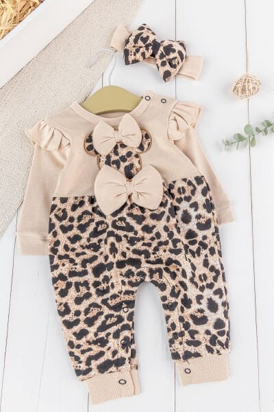Leopar Desenli Fiyonklu Bandanalı Kız Bebek Tulum