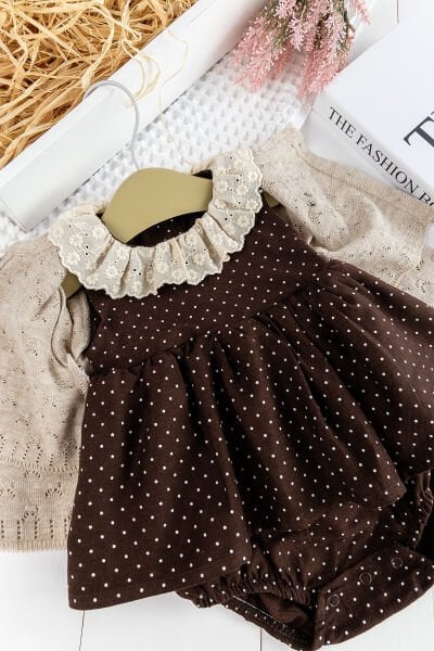 Bolero Hırkalı Puantiye Desenli Kız Bebek Elbise Bebek Tulum