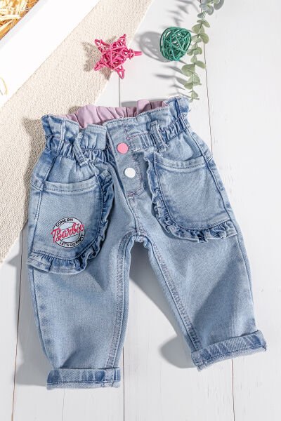 Fırfırlı Cepli Beli Lastikli Kız Bebek Kot Pantolon