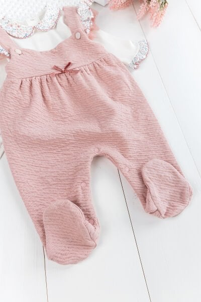 Fırfırlı Çiçek Desenli Patikli Kız Bebek Tulum Salopet Takım