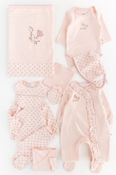 Çiçek Desenli Fırfırlı Pamuklu 10 Parça Kız Bebek Hastane Çıkışı Bebek Takımı