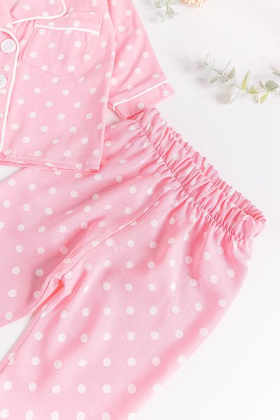 Puantiye Desenli Önden Düğmeli Kız Bebek Pijama Takımı PEMBE -  12-18 AY
