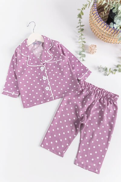 Puantiye Desenli Önden Düğmeli Kız Bebek Pijama Takımı MOR -  6-9 AY