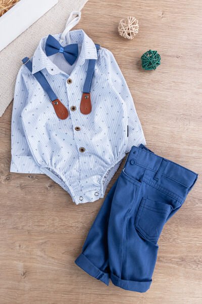 Papyonlu Pantolon Askılı Zıbın Gömlekli Erkek Bebek Takım İndigo -  9-12 AY
