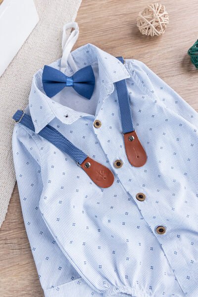 Papyonlu Pantolon Askılı Zıbın Gömlekli Erkek Bebek Takım İndigo -  9-12 AY