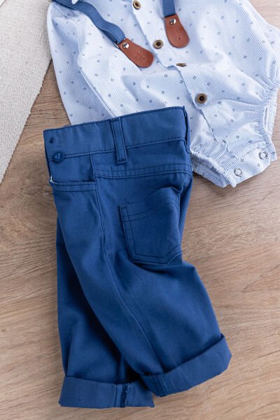 Papyonlu Pantolon Askılı Zıbın Gömlekli Erkek Bebek Takım İndigo -  9-12 AY