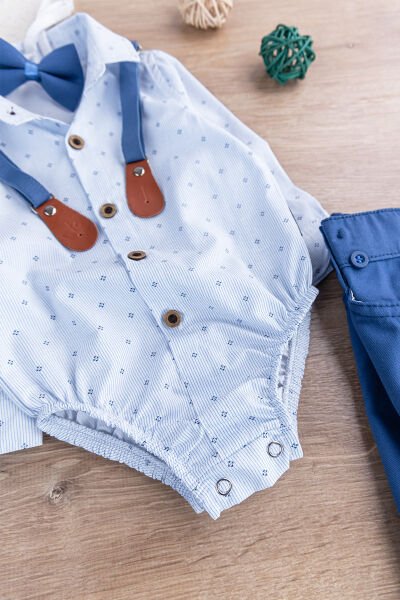 Papyonlu Pantolon Askılı Zıbın Gömlekli Erkek Bebek Takım İndigo -  9-12 AY