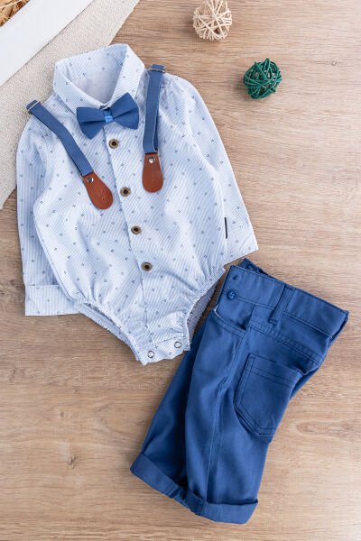 Papyonlu Pantolon Askılı Zıbın Gömlekli Erkek Bebek Takım İndigo -  9-12 AY