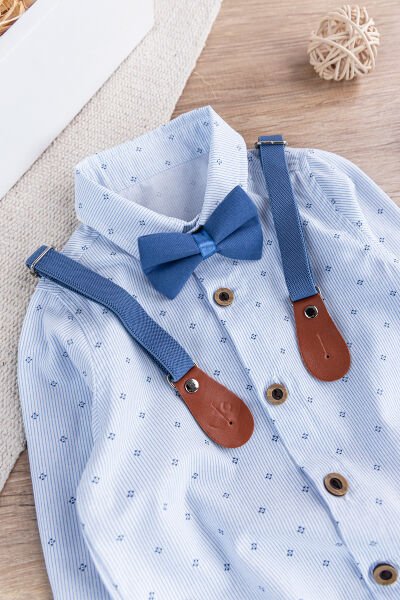 Papyonlu Pantolon Askılı Zıbın Gömlekli Erkek Bebek Takım İndigo -  9-12 AY