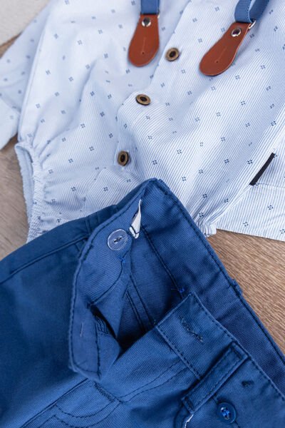 Papyonlu Pantolon Askılı Zıbın Gömlekli Erkek Bebek Takım İndigo -  9-12 AY