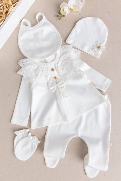 Güpürlü Fiyonklu Pamuklu 5'li Kız Bebek Hastane Çıkışı Bebek Takımı