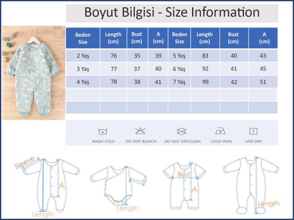 Tavşan Desenli Kız/Erkek Çocuk Uyku Tulumu SU YEŞİLİ - 3 Yaş