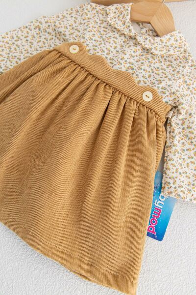 Gömlek Detaylı Kadife Etekli Kız Bebek Elbise