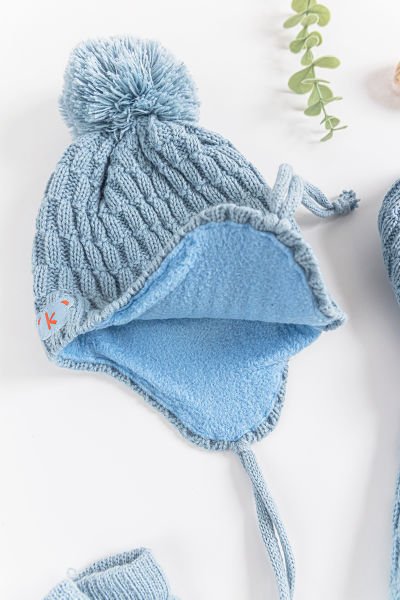 Ponponlu Kulaklıklı 0-18 Ay Erkek Bebek Atkı Bere Eldiven Takımı