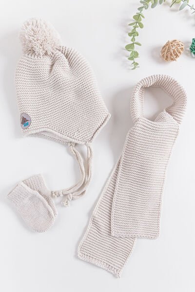 Ayıcık Figürlü 0-18 Ay Erkek Bebek Atkı Bere Eldiven Takımı