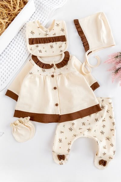 Fırfır Yakalı Önden Düğmeli Çicekli Kız Bebek 5 Parca Hastane Çıkışı Bebek Takımı