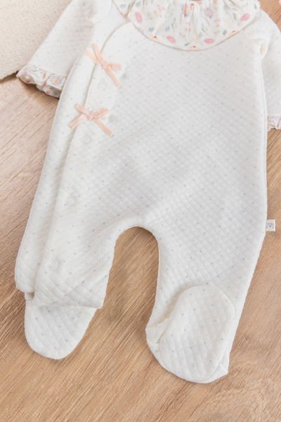 Fırfır Yakalı Çiçekli Patikli Kız Bebek Tulum KREM - Yeni Doğan