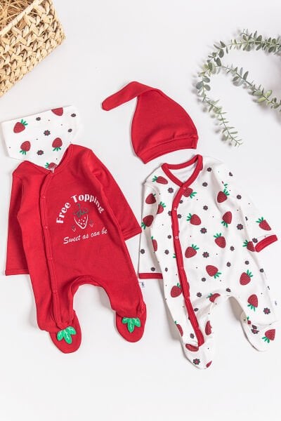 Çilek Desenli 2'li Uzun Kollu Kız Bebek Tulum Takım