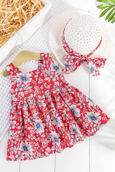 Papatya Desenli Şapkalı Kız Bebek Yazlık Elbise KIRMIZI - 6 Ay