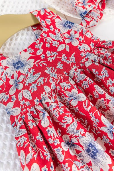 Papatya Desenli Şapkalı Kız Bebek Yazlık Elbise KIRMIZI - 6 Ay