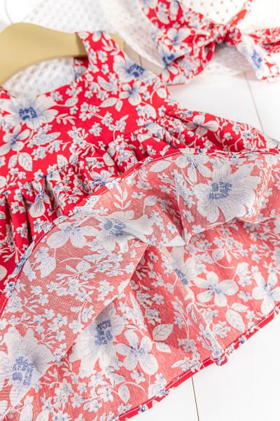 Papatya Desenli Şapkalı Kız Bebek Yazlık Elbise KIRMIZI - 6 Ay