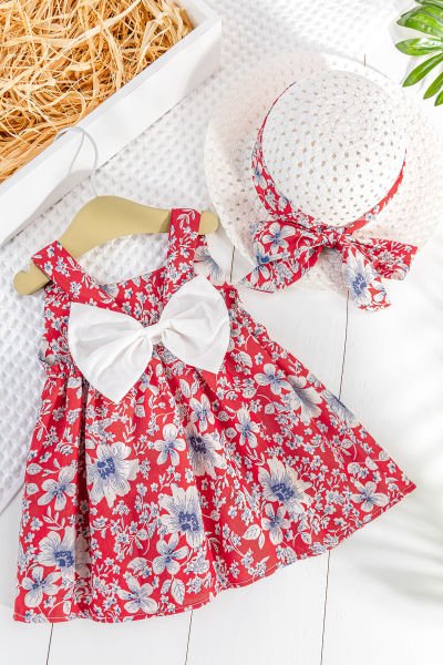 Papatya Desenli Şapkalı Kız Bebek Yazlık Elbise KIRMIZI - 6 Ay