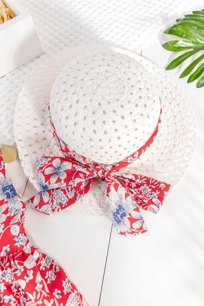 Papatya Desenli Şapkalı Kız Bebek Yazlık Elbise KIRMIZI - 18-24 AY