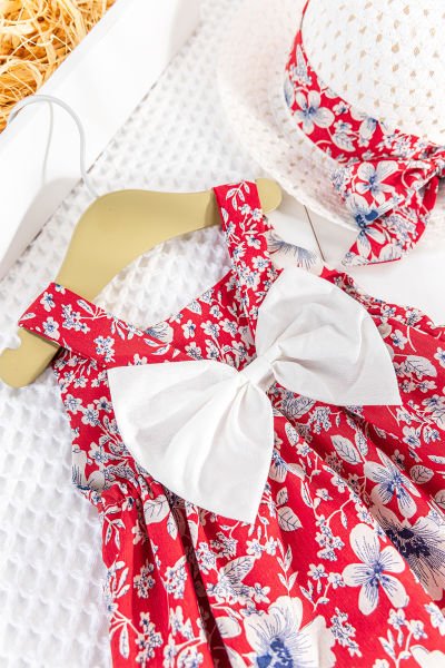 Papatya Desenli Şapkalı Kız Bebek Yazlık Elbise KIRMIZI - 18-24 AY