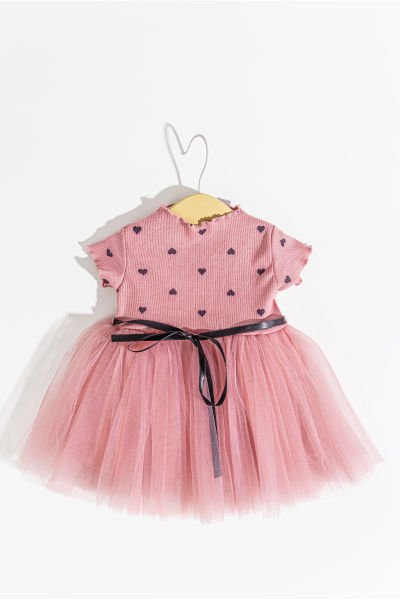 Kalp Desenli Tül Etekli Kız Bebek Elbise
