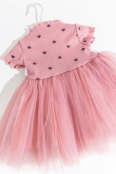Kalp Desenli Tül Etekli Kız Bebek Elbise