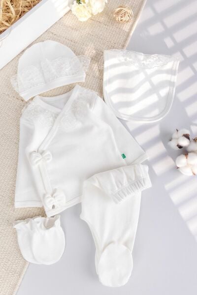 Güpürlü %100 Pamuk 5'li  Kız Bebek Hastane Çıkışı Bebek Takım