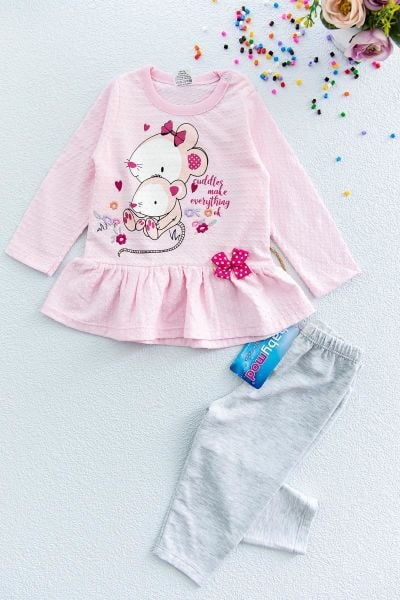 Fiyonk Süslemeli Kız Bebek İkili Bebek Takım