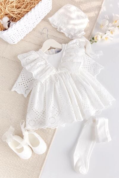 100% Pamuk 4'lü Kız Bebek Mevlüt Elbisesi Seti Ekru