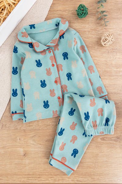 Önden Çıt Çıtlı Tavşan Desenli Yeşil Pamuklu Erkek Bebek/Çocuk Pijama Takımı