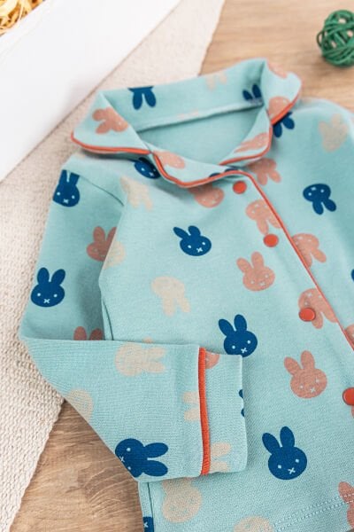Önden Çıt Çıtlı Tavşan Desenli Yeşil Pamuklu Erkek Bebek/Çocuk Pijama Takımı