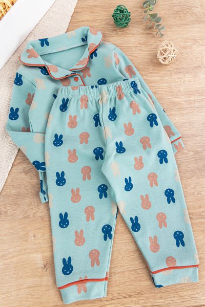 Önden Çıt Çıtlı Tavşan Desenli Yeşil Pamuklu Erkek Bebek/Çocuk Pijama Takımı