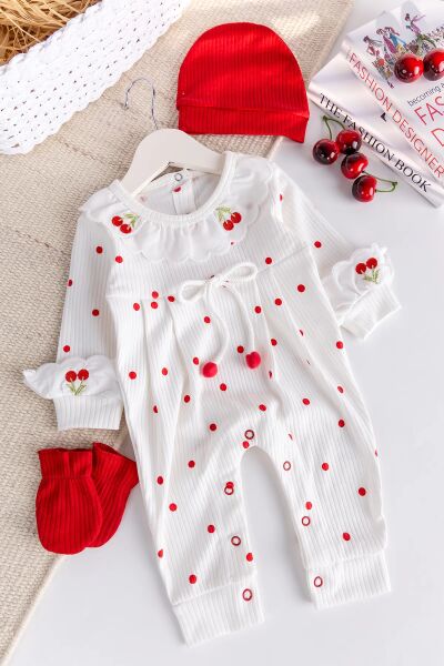 Kiraz İşlemeli Pamuklu Kız Bebek Tulum