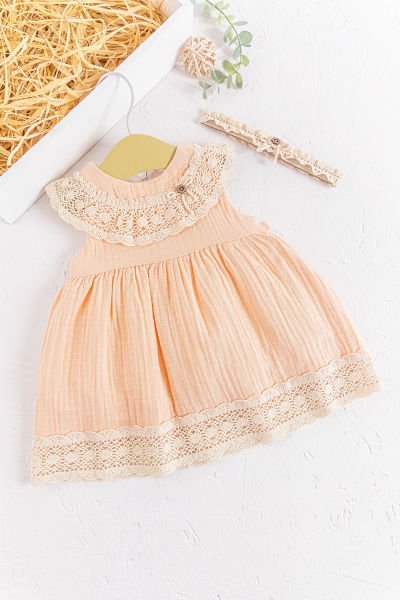 Güpür Yakalı Bandanalı Yazlık Müslin Bebek Elbise SOMON - 18-24 AY