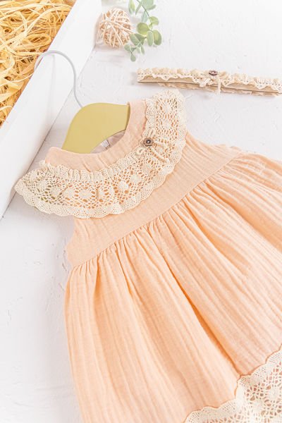 Güpür Yakalı Bandanalı Yazlık Müslin Bebek Elbise SOMON - 18-24 AY