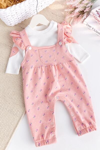 Çiçekli Fırfırlı 100% Pamuk 2'li Kız Bebek Salopet Tulum Set